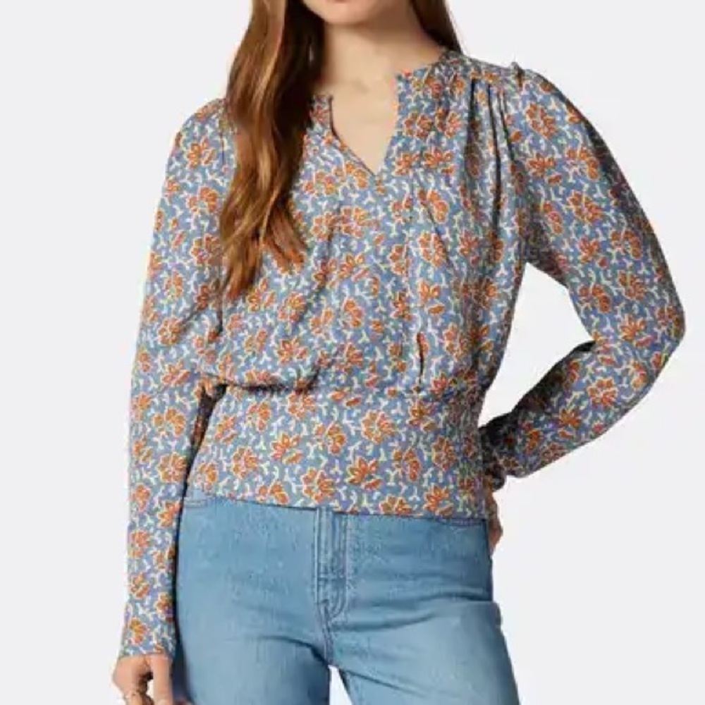 Joie Floral Puff Sleeve Blouse Blue Rust Size Large - Picture 9 of 9